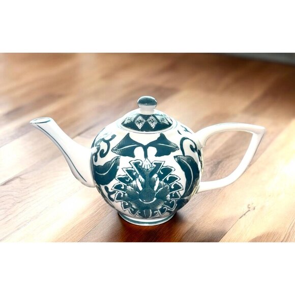 Unbranded Other - Vintage Porcelain Teapot With Floral Green & White Pattern Elegant Curved Handle